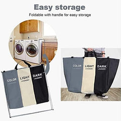 Faansy Laundry Basket Clothes Hamper 135L 3 Sections Clothe Sorter Bin,Foldable Waterproof Organizer Bag with Aluminum Frame,Washing Storage Dirty Clothes Basket for Bathroom Washroom Bedroom