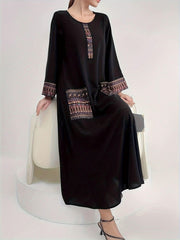 Traditional Kaftan Dress Geometric Pattern, Round Neck, Long Sleeves Arab Style Polyester, Summer Turkish Robe Woven Fabric