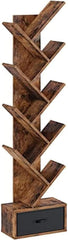 Tree Bookshelf with Drawer, 9 Shelf Rustic, Retro Wood Storage Rack for CDs/Movies/Books