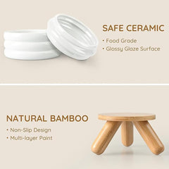Elevated Ceramic Cat Bowl with Wooden Stand, White