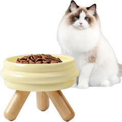 Elevated Ceramic Cat Bowl with Wooden Stand, White
