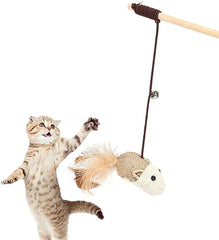 Feather Bell Pole With Hemp Rope and Mouse - Cat Supplies Stick (Flax Mouse)