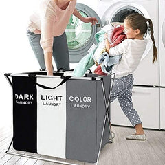 Faansy Laundry Basket Clothes Hamper 135L 3 Sections Clothe Sorter Bin,Foldable Waterproof Organizer Bag with Aluminum Frame,Washing Storage Dirty Clothes Basket for Bathroom Washroom Bedroom