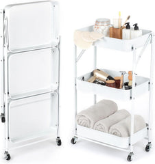3 Tiers Foldable Storage Trolley Cart Kitchen utility carts Foldable Rolling Carts Trolley with Locking Wheels for Kitchen Multi-purpose Shelving Organizer (black)
