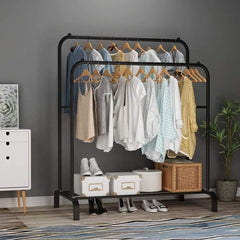 Clothes Rack with Double Rods 110cm, Metal Garment Rack Coat Rack Shoes Rack, Clothes Rail Stand, Multipurpose Clothes Hanger Organizer (Black)