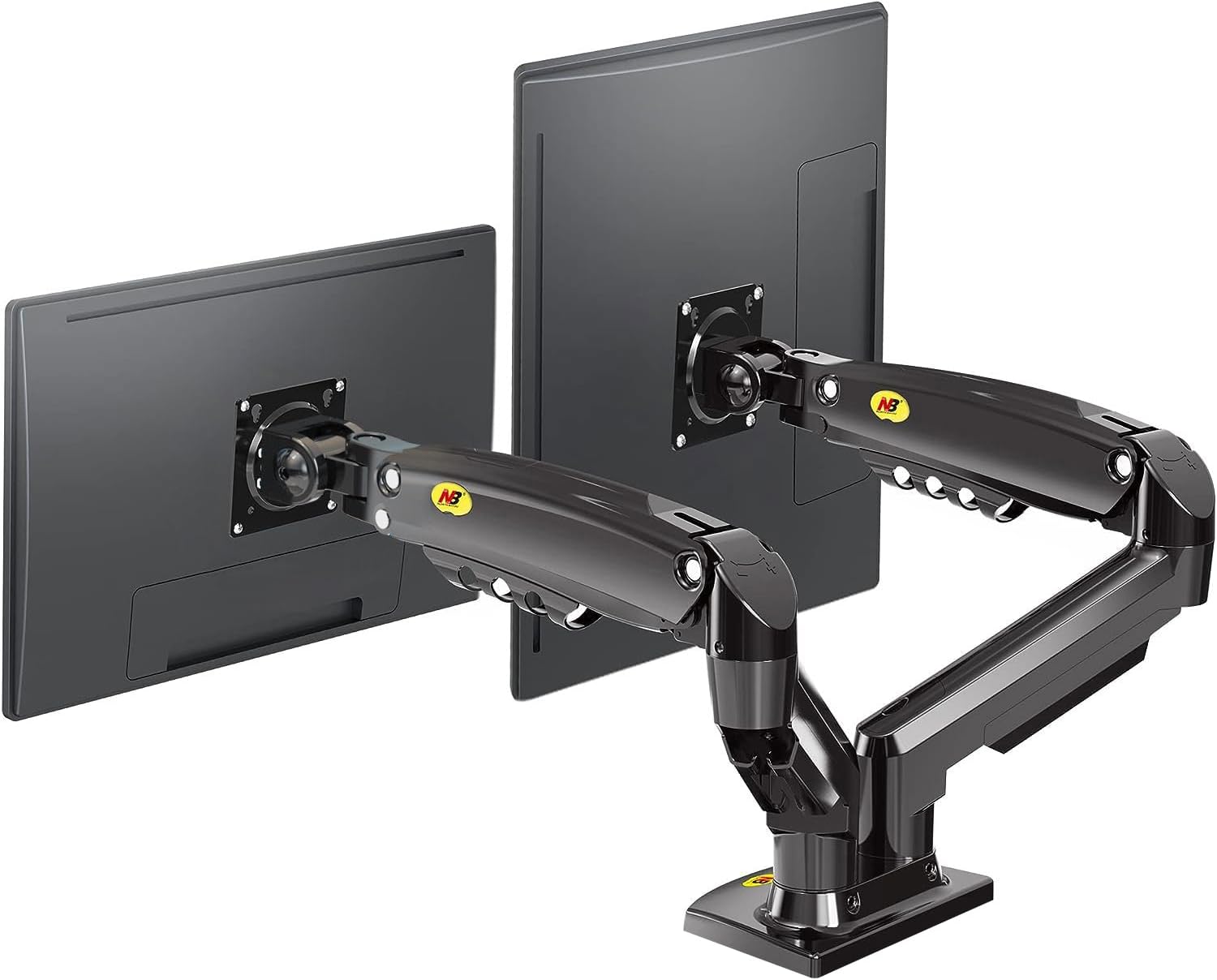 حامل مكتبي أسود لشاشتين، منظر خلفي — Black dual monitor desk mount, rear view