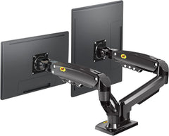 حامل مكتبي أسود لشاشتين، منظر خلفي — Black dual monitor desk mount, rear view