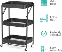3 Tiers Foldable Storage Trolley Cart Kitchen utility carts Foldable Rolling Carts Trolley with Locking Wheels for Kitchen Multi-purpose Shelving Organizer (black)