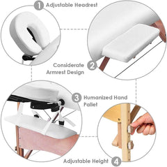 Massage Table Bed Beauty 2-Section Portable Deluxe Lightweight Professional Foldable Couch 60 cm-Wide 13KG with Dual-Layer Wooden Legs for Therapeutic Tattoo Salon SPA Facial Treatment (White)