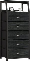 Black Chest of Drawers with 5 Drawers, Vertical Storage Tower Fabric Chest for Bedroom, Hallway, Entryway, Nursery, Closet Organizer, Nightstand Bedside Furniture, Durable Steel Frame, Wooden Top