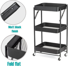 3 Tiers Foldable Storage Trolley Cart Kitchen utility carts Foldable Rolling Carts Trolley with Locking Wheels for Kitchen Multi-purpose Shelving Organizer (black)