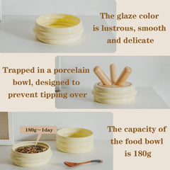 Elevated Ceramic Cat Bowl with Wooden Stand, White