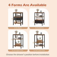 Bedside Table, Nightstand with Adjustable Fabric Drawer, Bedside Stand for Bedroom, 3-Tier Storage Side Table for Living Room, Rustic Brown and Black