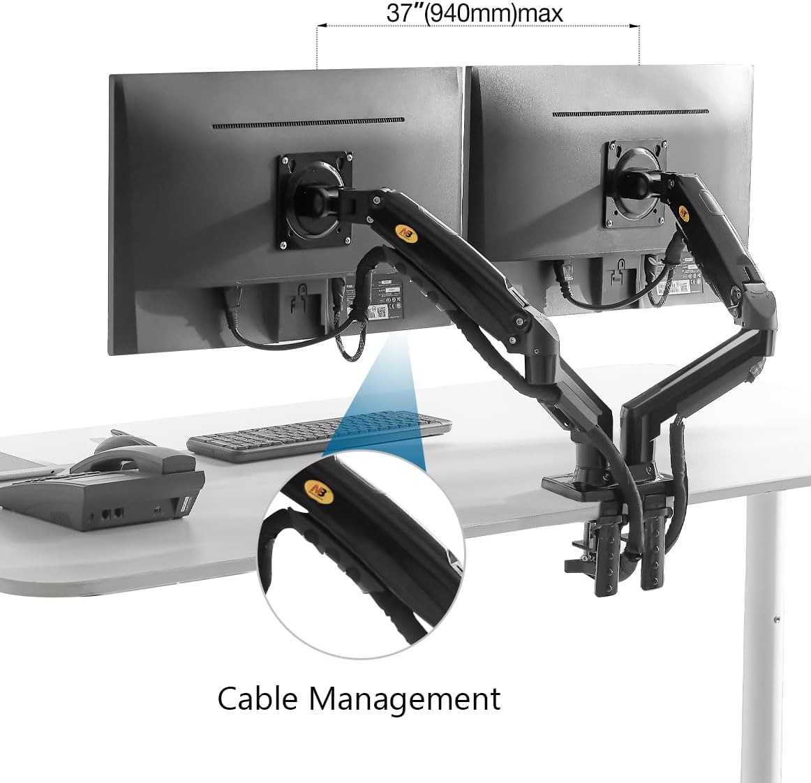 توجيه الكابلات على ذراعي الحامل — Cable routing on dual monitor arms