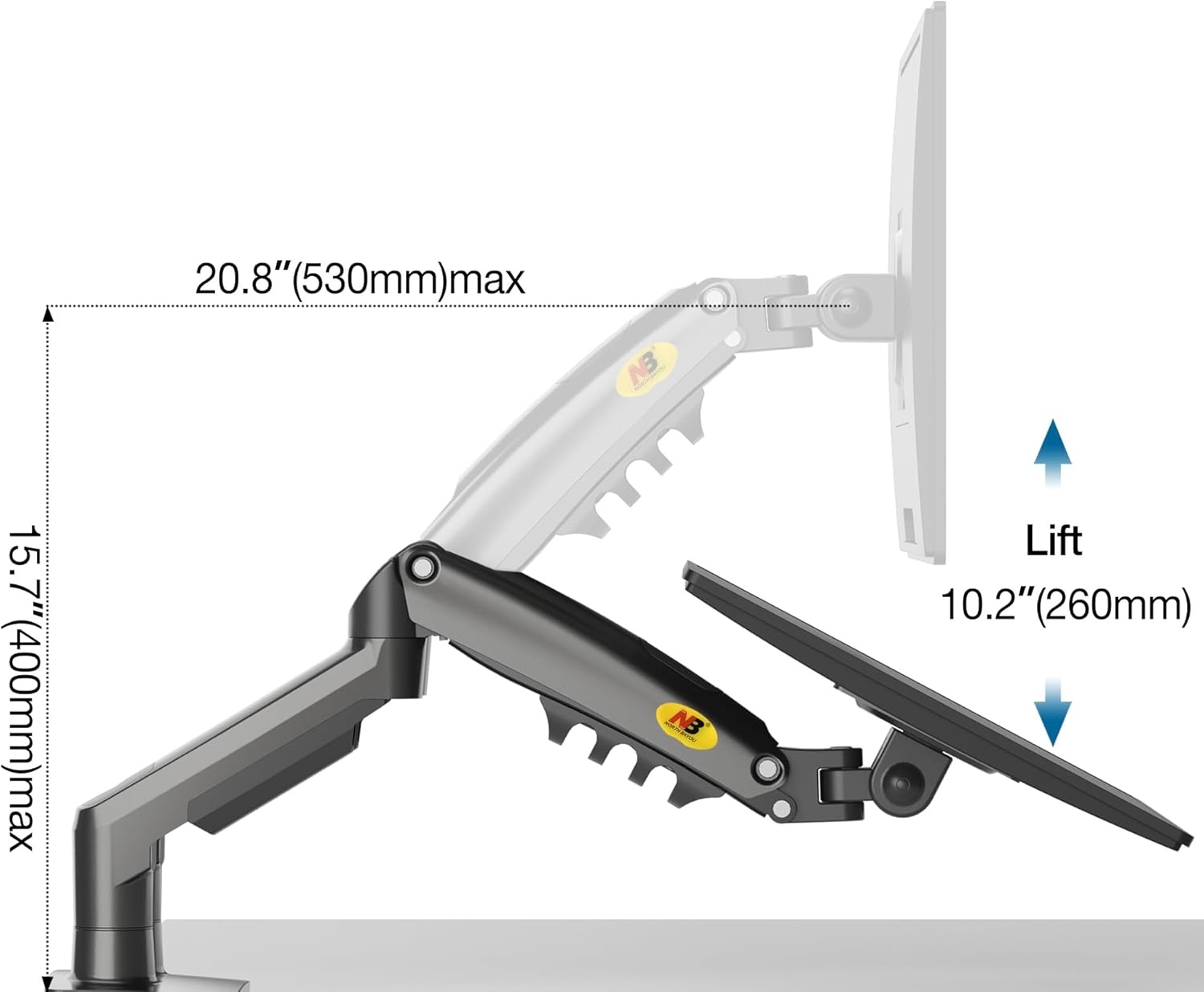 رسم لأبعاد وحركة الارتفاع — Arm dimensions and height adjustment diagram