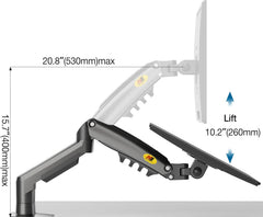 رسم لأبعاد وحركة الارتفاع — Arm dimensions and height adjustment diagram