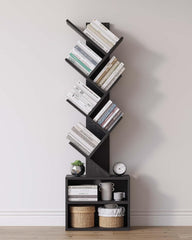Tree Bookshelf with Drawer, 9 Shelf Rustic, Retro Wood Storage Rack for CDs/Movies/Books
