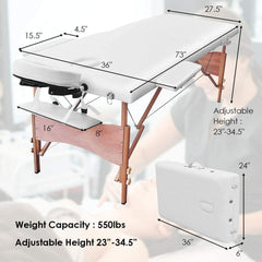 Massage Table Bed Beauty 2-Section Portable Deluxe Lightweight Professional Foldable Couch 60 cm-Wide 13KG with Dual-Layer Wooden Legs for Therapeutic Tattoo Salon SPA Facial Treatment (White)