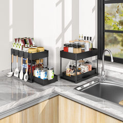 Under sliding cabinet basket organizer, 2 tier storage under cabinet bathroom under sink organizers and storage black under sink storage, multi purpose storage shelf for kitchen, bathroom, office