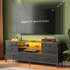TV Stand Dresser– 7-Drawer Entertainment Center for 60-Inch TVs, TV Console with Open Shelves, Fabric Dresser (PU Leather), Rustic Brown & Black