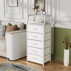 Black Chest of Drawers with 5 Drawers, Vertical Storage Tower Fabric Chest for Bedroom, Hallway, Entryway, Nursery, Closet Organizer, Nightstand Bedside Furniture, Durable Steel Frame, Wooden Top