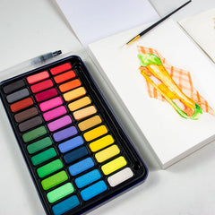 Watercolor Paint Set (36 colors, bread, 1 aquatic brush, 1 brush and mixing palette in an iron box)