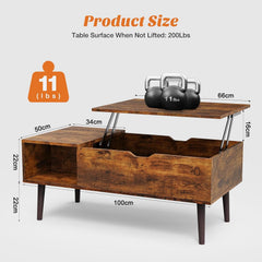 Coffee Table, Lift Top Coffee Tables for Living Room, Office, Small Rising Wooden Dining Center Tables with Storage Shelf and Hidden Compartment (brown)