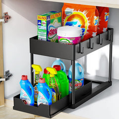 Under sliding cabinet basket organizer, 2 tier storage under cabinet bathroom under sink organizers and storage black under sink storage, multi purpose storage shelf for kitchen, bathroom, office