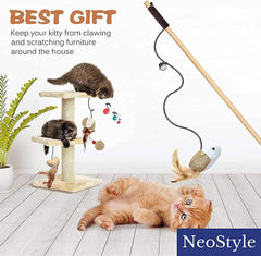 Feather Bell Pole With Hemp Rope and Mouse - Cat Supplies Stick (Flax Mouse)