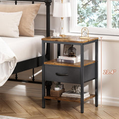 Bedside Table, Nightstand with Adjustable Fabric Drawer, Bedside Stand for Bedroom, 3-Tier Storage Side Table for Living Room, Rustic Brown and Black