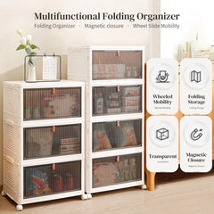 Plastic Storage Bins with Lids, Stackable Storage Containers with Wheels, Folding Storage Boxes, Stackable Cabinet Storage Containers for Home Living Room Office Closet (2-Tier)