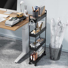 Slim Storage Cart, 4 Tier Bathroom Organizer with Mobile Shelving, Rolling Utility Cart with Slide-Out Compartments for Kitchen, Bathroom, Laundry, and Narrow Spaces