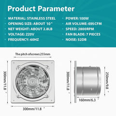 10in Kitchen Exhaust Fan Wall Mounted Exhaust Fan Through the Wall Extractor Fan Exhaust Smoke Fan for Kitchen Bathroom Shopping Mall Office Attic Garage, Stainless Steel Vent fan, Wall fan