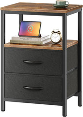 Bedside Table, Nightstand with Adjustable Fabric Drawer, Bedside Stand for Bedroom, 3-Tier Storage Side Table for Living Room, Rustic Brown and Black