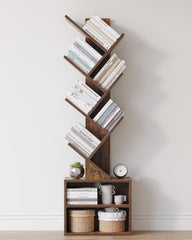 Tree Bookshelf with Drawer, 9 Shelf Rustic, Retro Wood Storage Rack for CDs/Movies/Books
