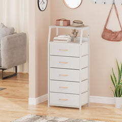 Black Chest of Drawers with 5 Drawers, Vertical Storage Tower Fabric Chest for Bedroom, Hallway, Entryway, Nursery, Closet Organizer, Nightstand Bedside Furniture, Durable Steel Frame, Wooden Top