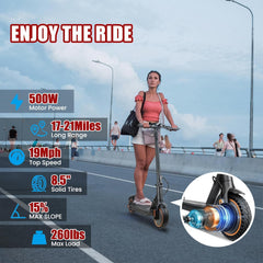 Electric Scooter for Adults, 500W Motor, Max 17-20 Mph Speed, 19 Miles Long Range, 8.5 Inch Solid Tires,
