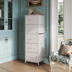 Fabric Storage Dresser, 5-Drawer Vertical Dresser for Bedroom, Storage Organizer with Fabric Bins, Wooden Top, Durable Steel Frame, Drawer Chest for Closets & Hallways