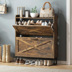 Foyer Narrow Shoe Storage Cabinet with 2 Flip Drawers & Fluted Panel, Freestanding Hidden Organizer for Entryway