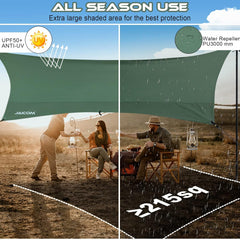 Camping Tarp, 14 X 12FT Tarp with 2 Poles, Waterproof & Lightweight Tent Tarp Car Awning, UV UPF50+ Rain Fly Sun Shelter Can Used with Hammock in Outdoor, Garden and Backpacking