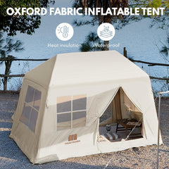 Inflatable Tents for Camping, Blow Up Tent with Hand Pump, 3-4 Person Air Glamping Tent with Canopy, Easy Setup 4 Season Waterproof Windproof Outdoor Glamping House(Brown)