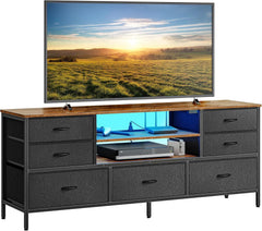 TV Stand Dresser– 7-Drawer Entertainment Center for 60-Inch TVs, TV Console with Open Shelves, Fabric Dresser (PU Leather), Rustic Brown & Black