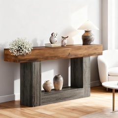 160cm Farmhouse Console Table: Two-Tier Entryway Piece with a U-Shaped Base, Narrow Wooden Sofa Table for Behind Couches, Plus Living Rooms, Hallways & Foyers (charcoal-160)
