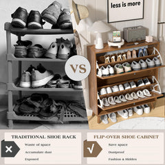 Foyer Narrow Shoe Storage Cabinet with 2 Flip Drawers & Fluted Panel, Freestanding Hidden Organizer for Entryway