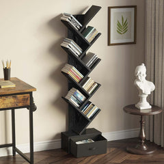 Tree Bookshelf with Drawer, 9 Shelf Rustic, Retro Wood Storage Rack for CDs/Movies/Books