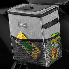HOTOR Car Trash Can with Lid and Storage Pockets, 100% Leak-Proof Car Organizer, Waterproof Car Garbage Can, Multipurpose Trash Bin for Car - Black