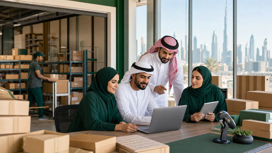 Nimall partners collaborating around a laptop in a Gulf marketplace workspace