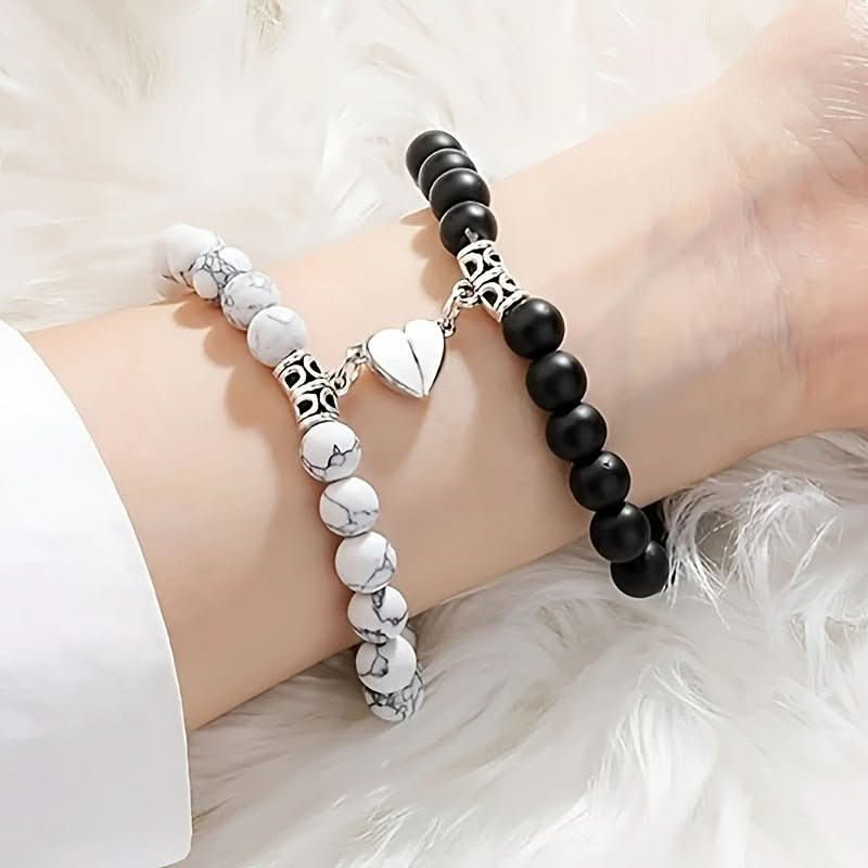 1 pair of heart - to - heart suction black and white stone couple bracelets - Nimall