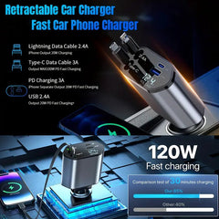 120W Retractable Car Charger, 4in 1 Fast Car Mobile Phone Charger - Nimall