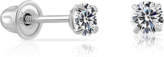 14k White Gold Solitaire Round Cubic Zirconia CZ Stud Earrings in Secure Screw - backs AL059 - Nimall